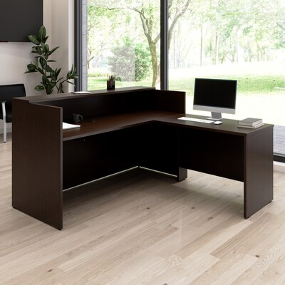 Bush Business Furniture Arrive 72"W L Shaped Reception Desk with Shelf, Mocha Cherry (ARV006MR)