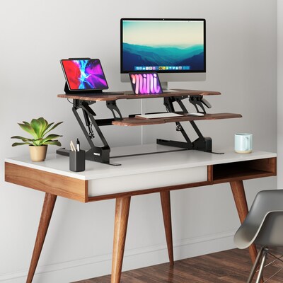 Mount-It! 38"W Rectangular Adjustable Mixed Materials Standing Desk Converter, Dark Walnut Woodgrain (MI-15006)