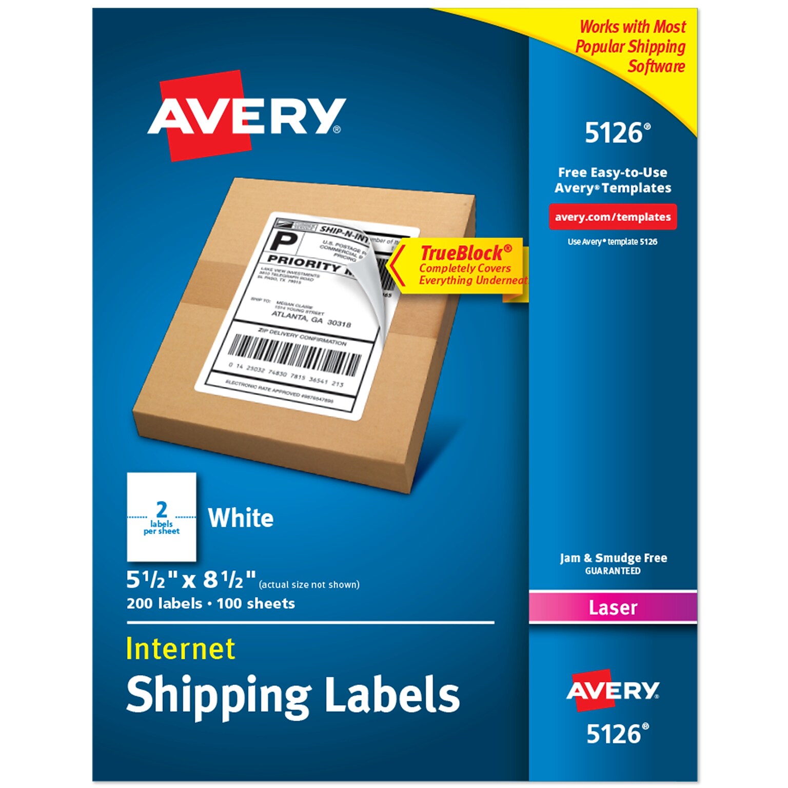 Avery TrueBlock Laser Shipping Labels, 5.5 x 8.5, Matte White, 200 Labels/Box (5126)
