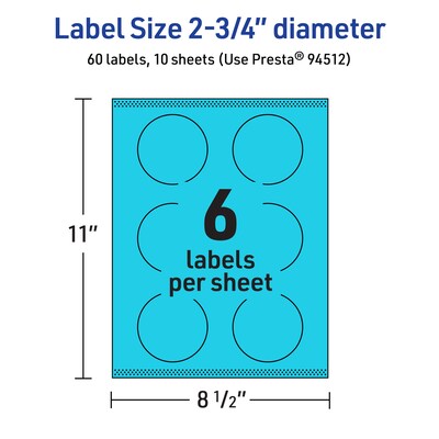 Avery Printable Circle Multipurpose Labels, 2.75" Dia., Bright Blue, 60/Pack (94512)