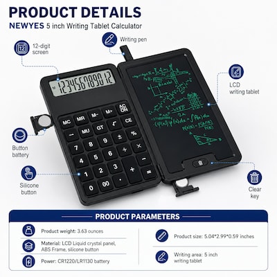 SaharaCase Scientific Calculator with 5-Inch LCD Writing Tablet, 12-Digit Foldable Calculator, Black, (KB77)