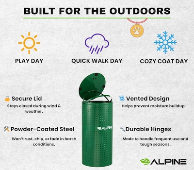 Alpine Industries Steel Outdoor Pet Waste Disposal Bin with Odor Control Lid, 13.5 Gallon, Green (ALP4005-01)
