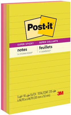 Post-it Super Sticky Notes, 4 x 6, Summer Joy Collection, Lined, 90 Sheet/Pad, 3 Pads/Pack (660-3S