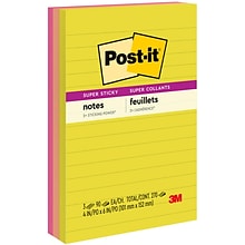 Post-it Super Sticky Notes, 4 x 6, Summer Joy Collection, Lined, 90 Sheet/Pad, 3 Pads/Pack (660-3S