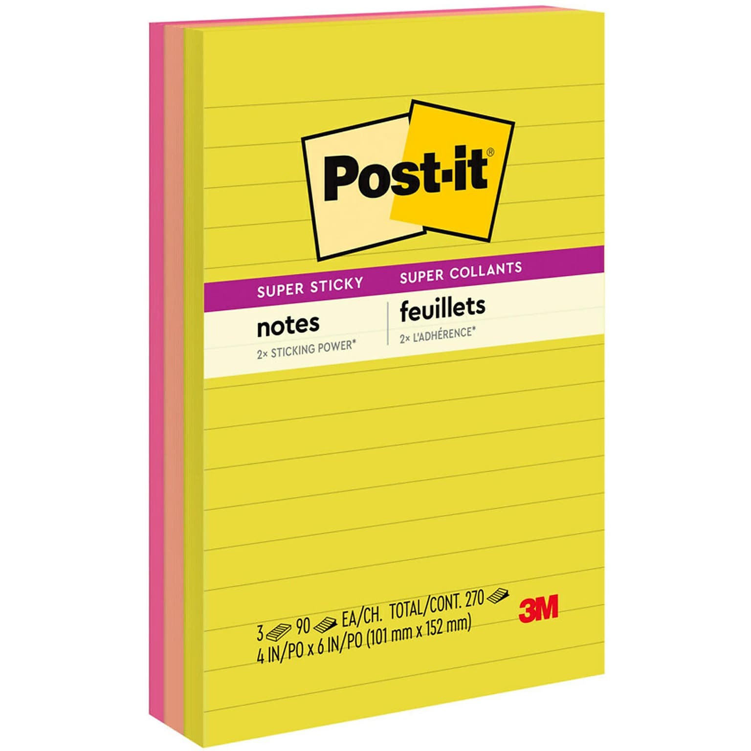 Post-it Super Sticky Notes, 4 x 6, Summer Joy Collection, Lined, 90 Sheet/Pad, 3 Pads/Pack (660-3SSJOY)