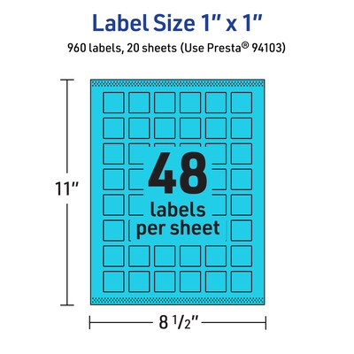 Avery Laser/Inkjet Multipurpose Square Labels, 1" x 1", Bright Blue, 960/Pack (94103)