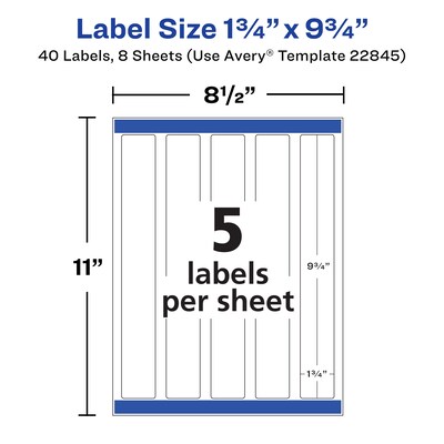 Avery Waterproof Laser/ Inkjet Wraparound Labels, 1.25" x 9.75", White, 40 Labels/Pack (22845)