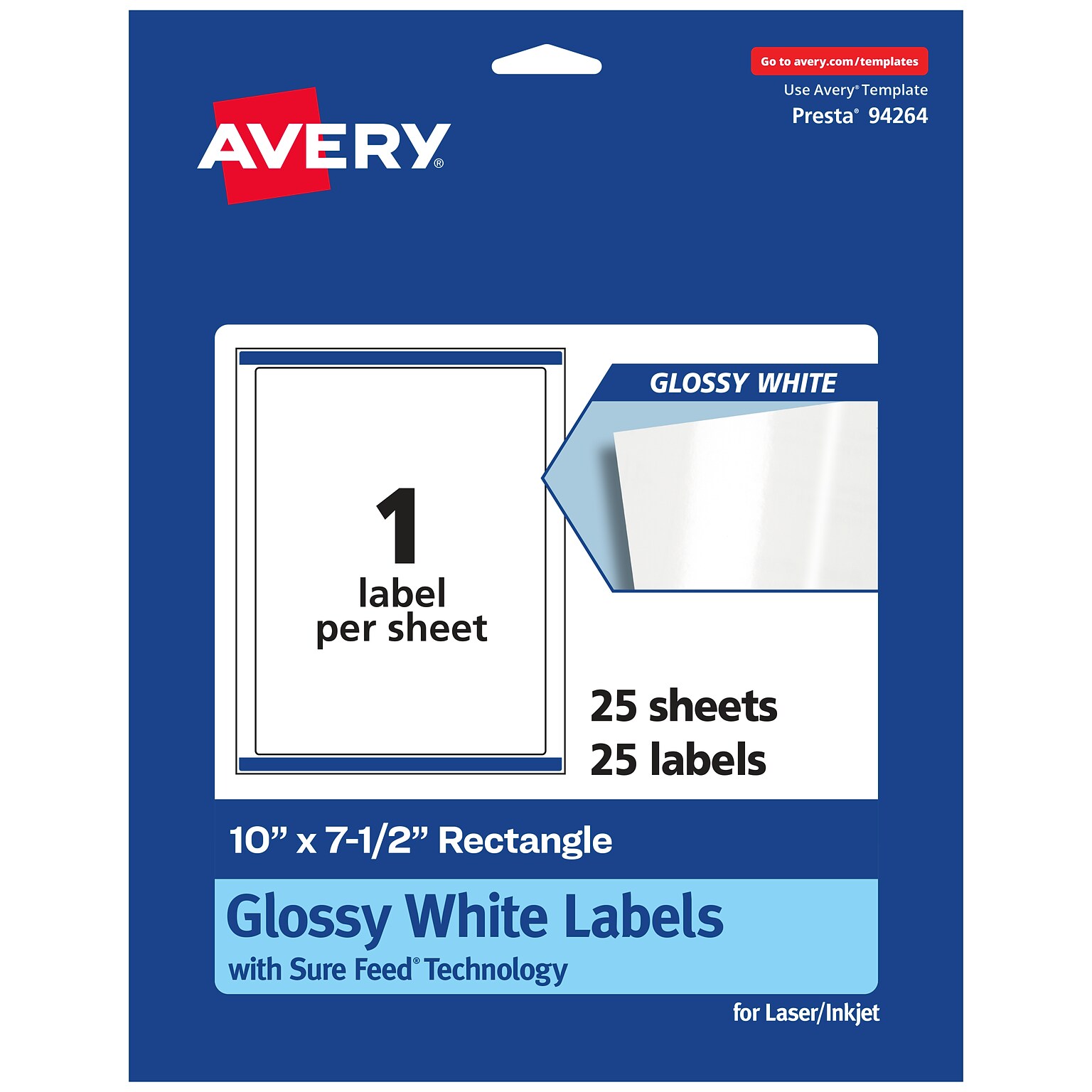 Avery Laser/Inkjet Multipurpose Labels, 7.5 x , Glossy White, 25/Pack (94264)