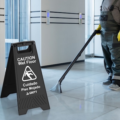 Gritt Commercial Safety "Caution Wet Floor" A-Frame/Sandwich Board Sign, 24"H, Black, 3/Pack (GRI184-BLK-3PK)