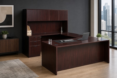 Boss Office Products 66" U-Shaped Desk with File Pedestal and Hutch, Mahogany (GROUPA15-M)