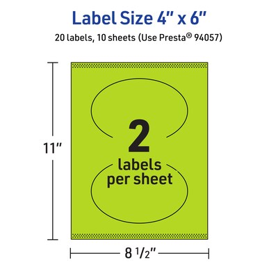 Avery Printable Oval Multipurpose Labels, 4" x 6", Bright Green, 20/Pack (94057)
