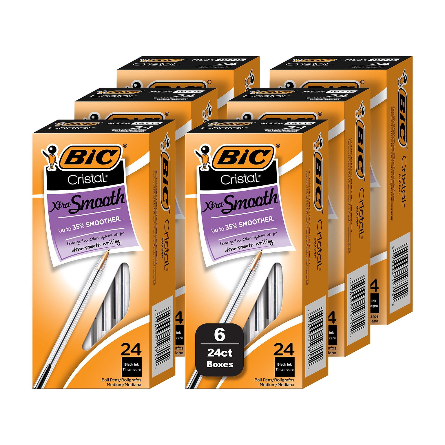 BIC Cristal Xtra Smooth Ballpoint Pen, Medium Point, Black Ink, 24/Box, 6 Boxes/Pack (MS144E-BLK)