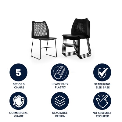 Flash Furniture HERCULES Series Plastic Stack Chair with Air-Vent Back and Sled Base, Black, 5 Pack