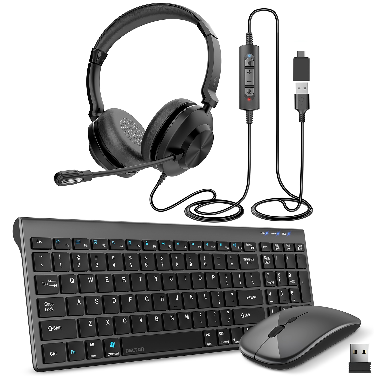 Delton N36 Wireless Keyboard Mouse and USB-A/USB-C Noise-Cancelling Computer Headset Bundle, Black (DKMN36KT1)