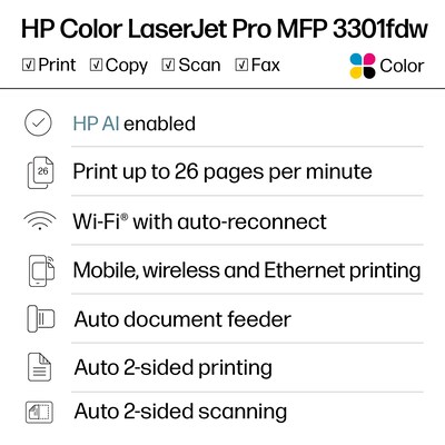 HP Color LaserJet Pro MFP 3301fdw Wireless All-in-One Color Laser Printer, Scanner, Copier, Fax, Best for Office (499Q5F)