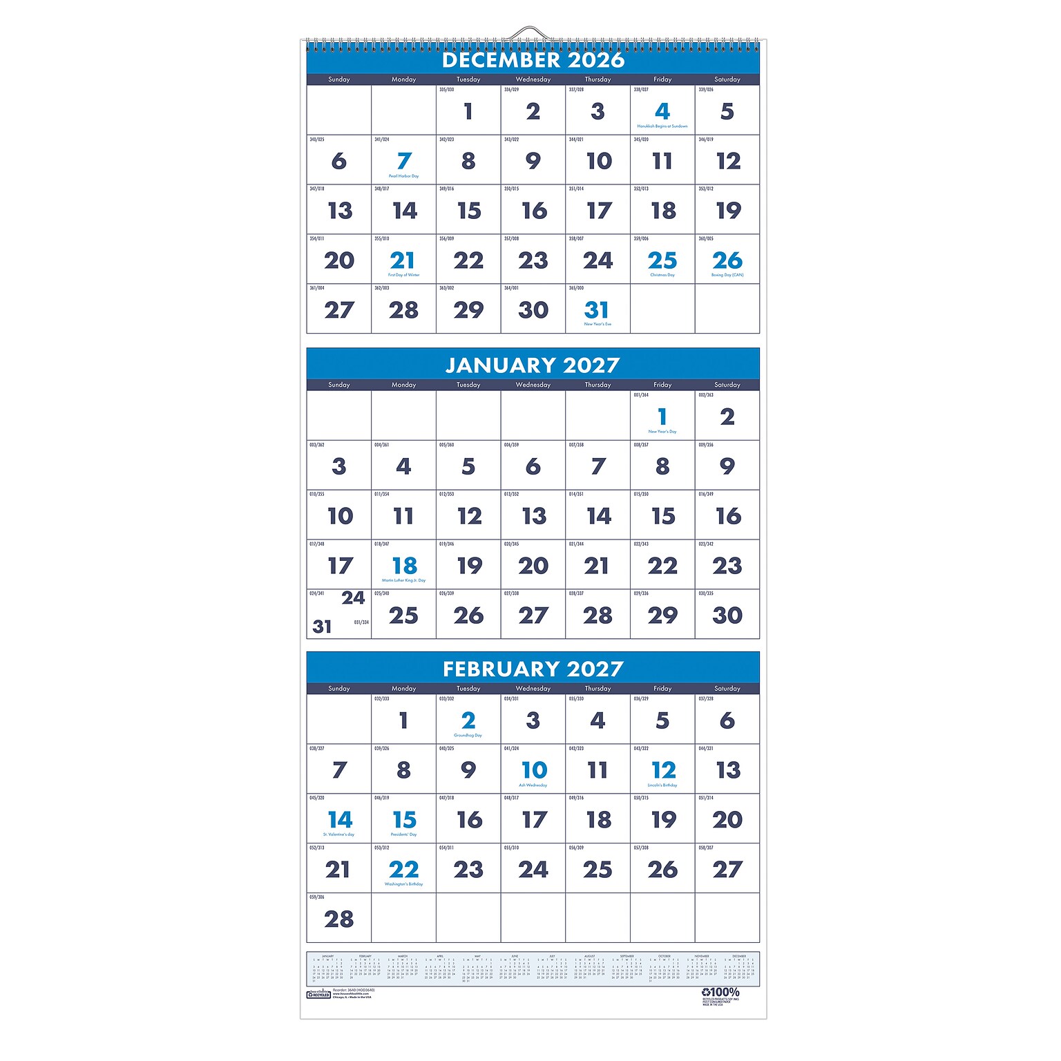 2027 House of Doolittle 12.25 x 26 Three-Month Wall Calendar, Blue (3640-27)