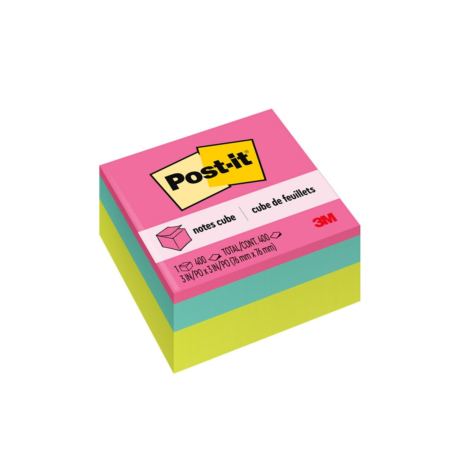 Post-it® Notes Cube, 3 x 3, Assorted Brights, 400 Sheets/Cube (2027-PAS-SR)