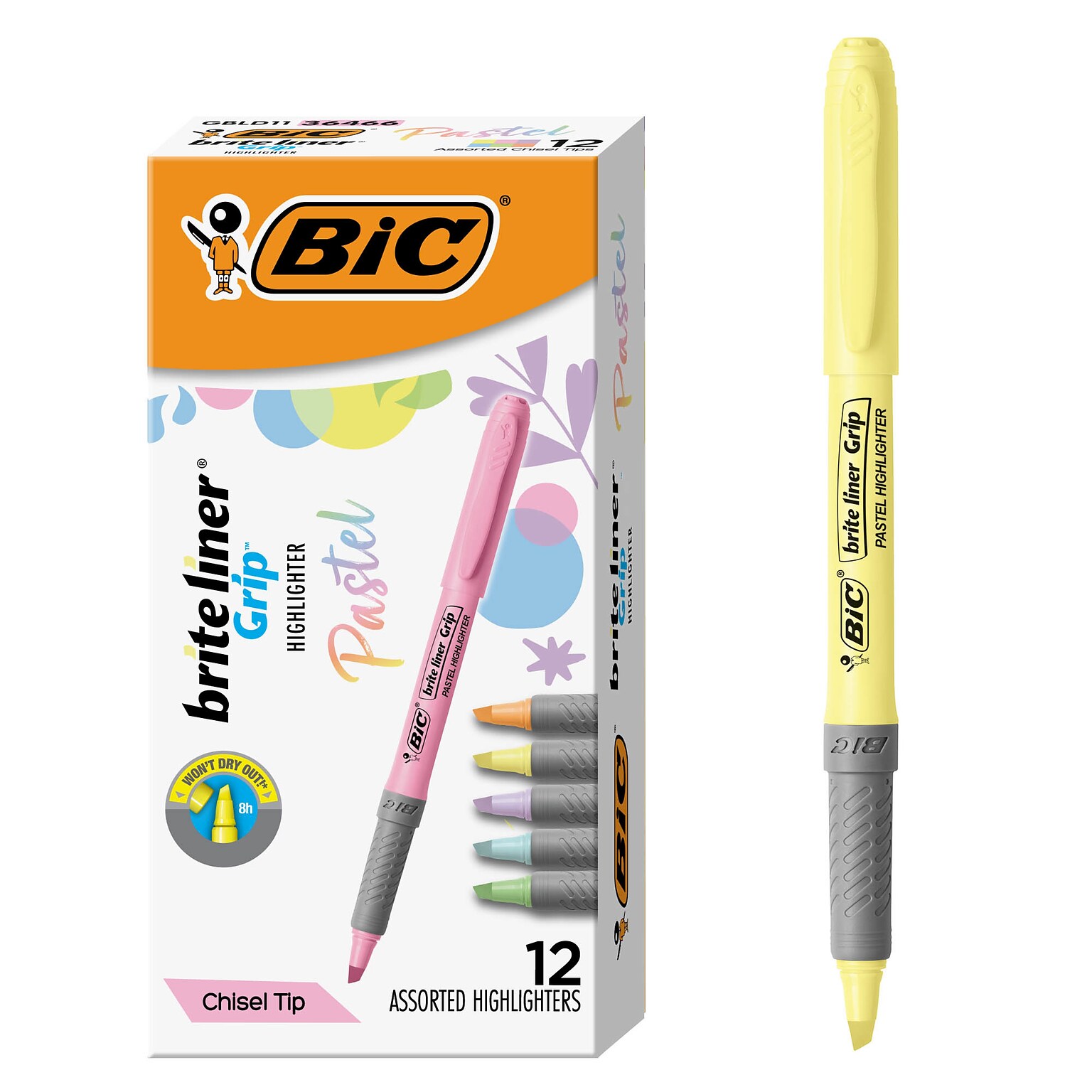 BIC Brite Liner Stick Highlighter with Grip, Chisel Tip, Assorted Colors, 12/Pack (GBLD11-AST)