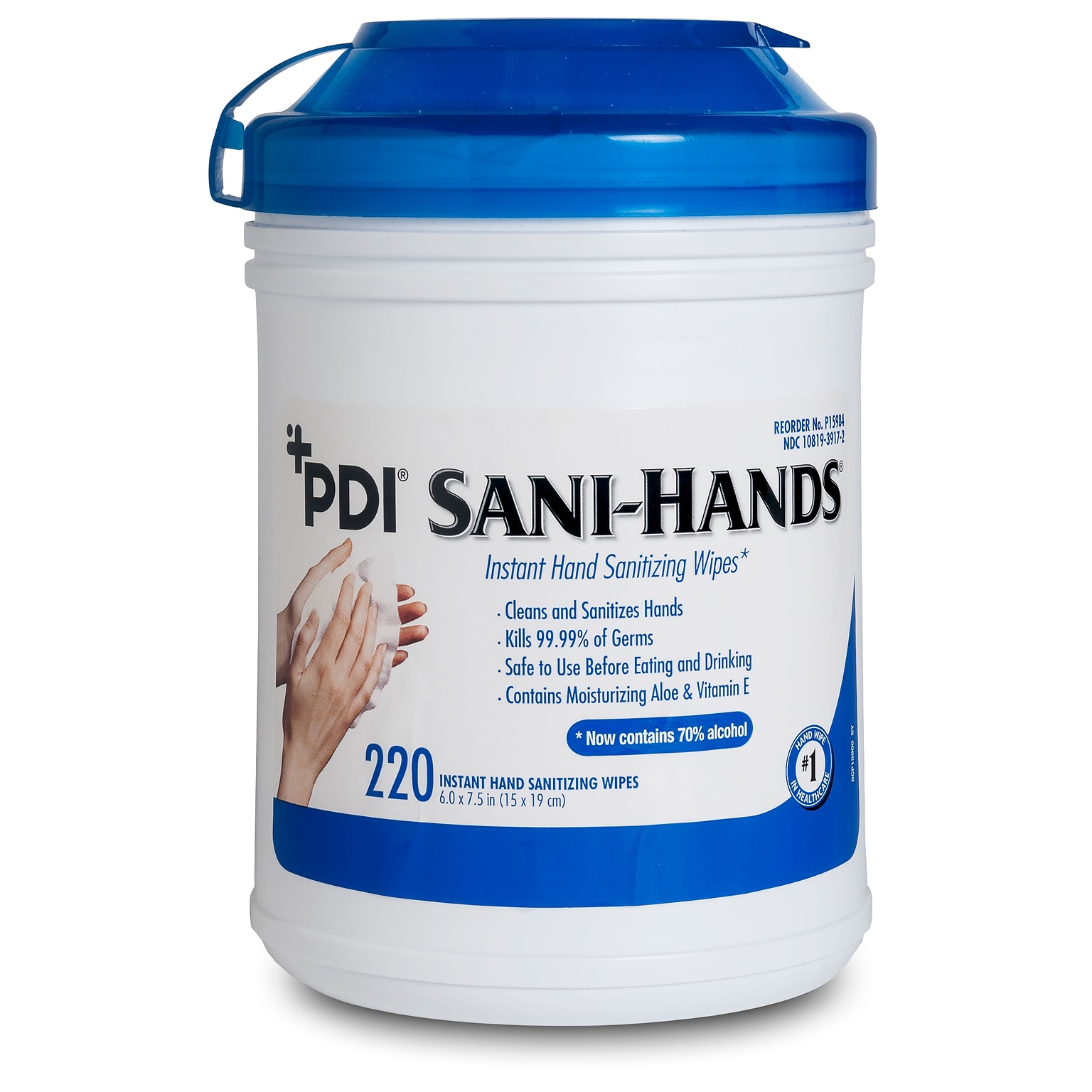 PDI Sani-Hands 70% Alcohol Hand Sanitizing Wipes, 220 Wipes/Canister, 6/Case (NPKP15984)