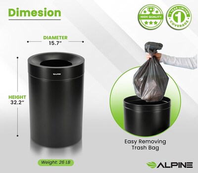 Alpine Industries Stainless Steel Trash Can, 27 Gallon, Black (ALP475-27-BLK)