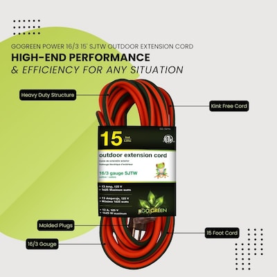 GoGreen Power 15' Indoor/Outdoor Extension Cord, 16 AWG, Orange (GG-13715)
