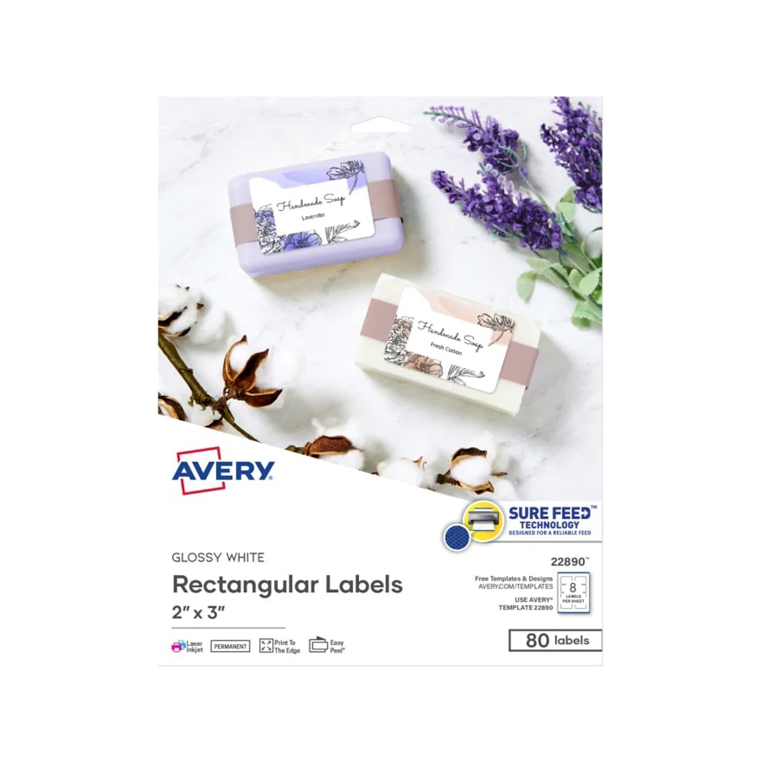 Avery Sure Feed Laser/Inkjet Rectangle Labels, 2 x 3, Glossy White, 80 Labels/Pack (22890)