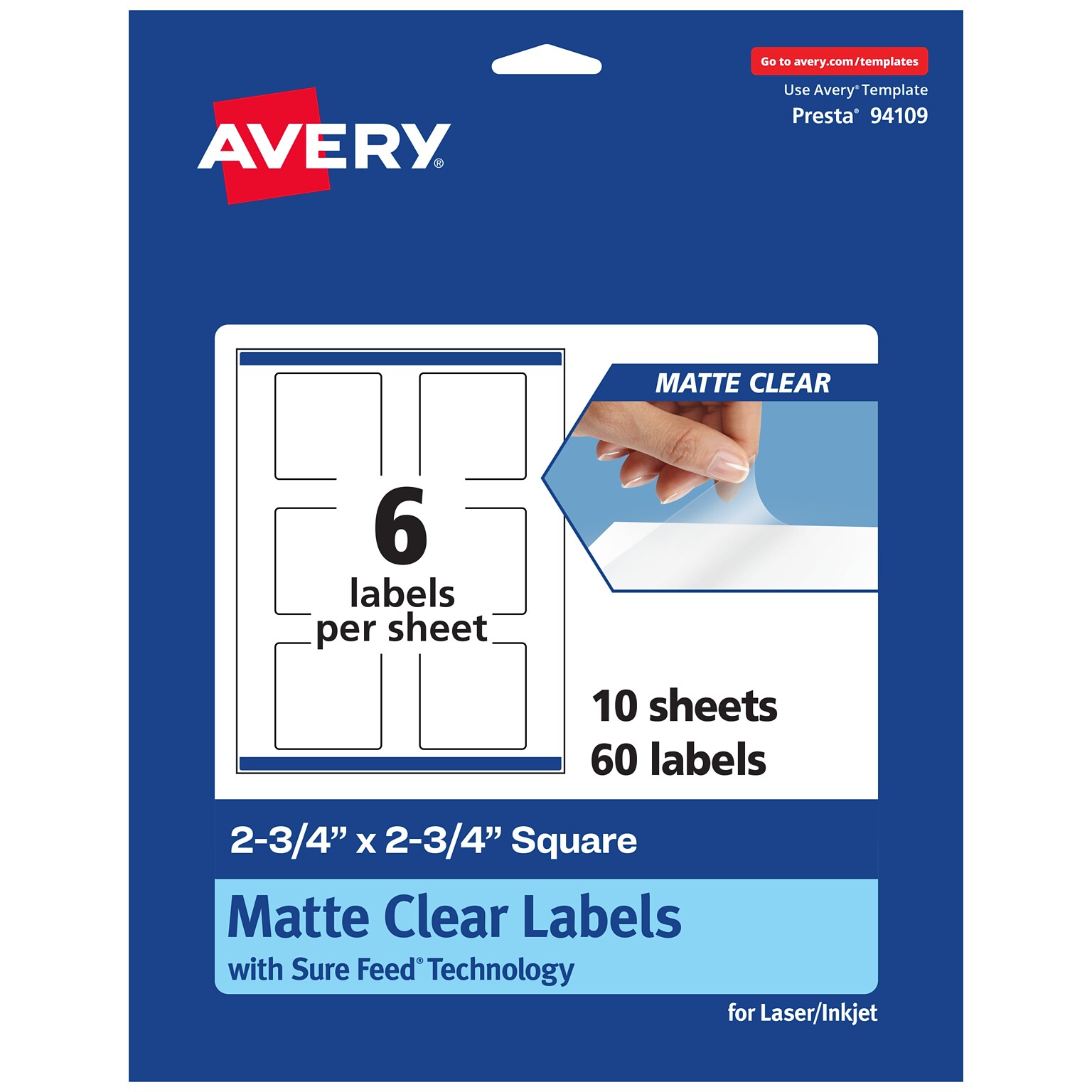 Avery Laser/Inkjet Square Multipurpose Labels, 2-3/4 x 2-3/4, Clear, 60/Pack (94109)