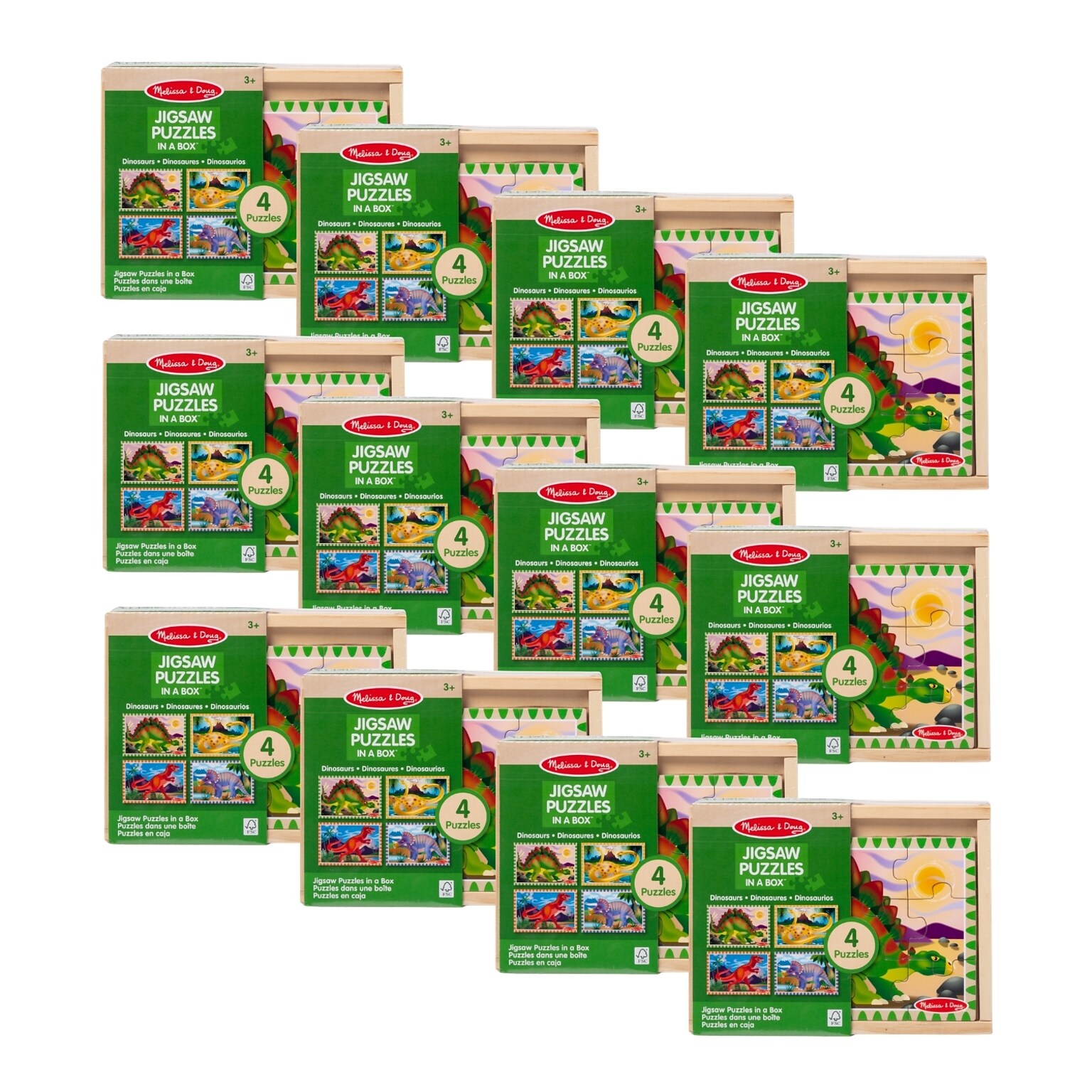 Melissa & Doug 12-Piece 4-in-1 Wooden Dinosaur Jigsaw Puzzles, 12/Pack (3791-CASE)