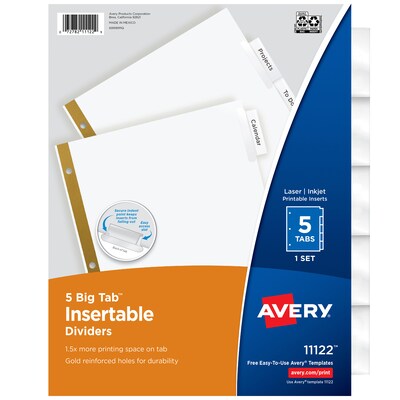 Avery Big Tab Insertable Paper Dividers, 5 Tabs, White (11122)