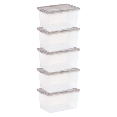 Iris 58 Quart Snap Top Plastic Snap Closure Storage Bin, Clear, 5/Pack (500158)