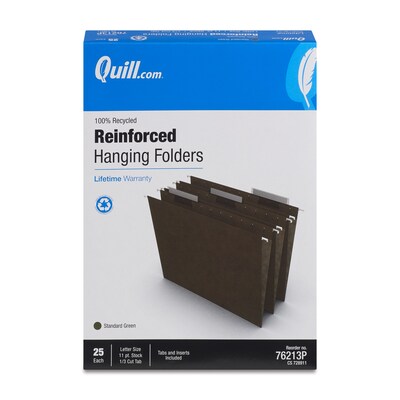 Quill Brand® 100% Recycled Premium Reinforced 3-Tab Hanging File Folders, Letter Size, Green, 25/Box (76213P)