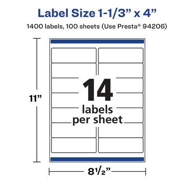 Avery Laser/Inkjet Waterproof Multipurpose Rectangle Labels, 1.33" x 4", White, 1400 Labels/Box (94206)