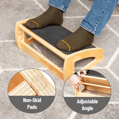 Mind Reader Adjustable Wooden Foot Rest with Anti-Slip Surface, 3 Height Levels, Brown (WOODREST-BRN)