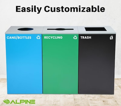 Alpine Industries Steel Recycling and Trash Can Set with Square and Mixed Lid, 29 Gallon, Multicolor, 3/Pack (ALP4450-BLK-KIT30)