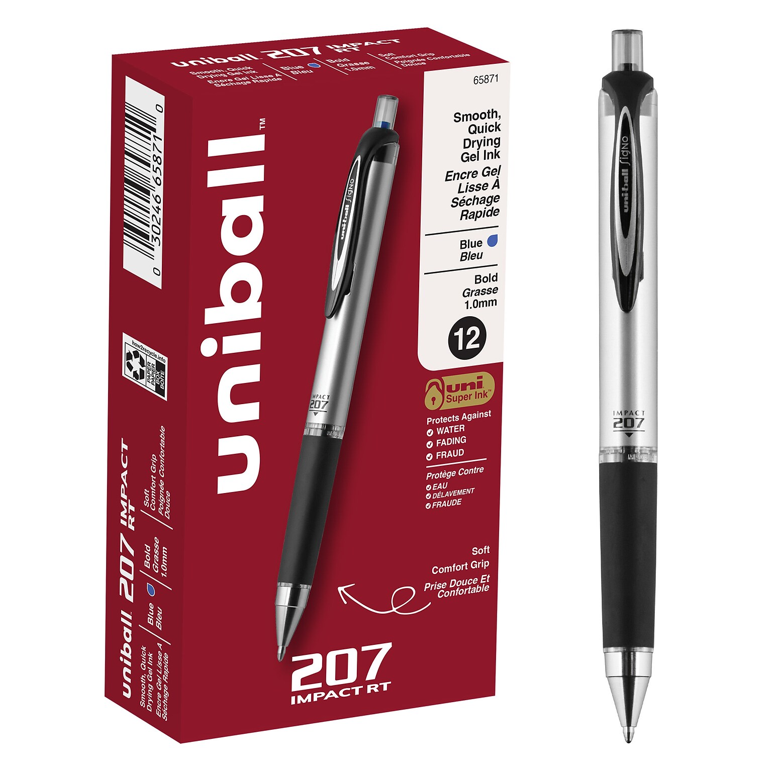 uni-ball 207 Impact RT Retractable Gel Pens, Bold Point, Blue Ink, Dozen (65871)