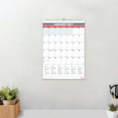 2027 Staples 12" x 17" Monthly Wall Calendar, White/Red/Gray (ST53913-27)