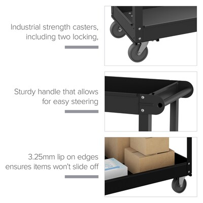 Hirsh 2 Shelf Ready-To-Assemble Steel Utility Cart, 30" x 16", Black (22639)
