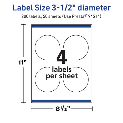 Avery TrueBlock Laser/Inkjet Circle Multipurpose Labels, 3.5" Dia., White, 200/Box (94514)