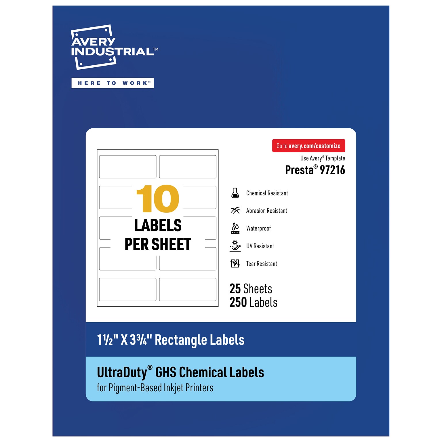 Avery Inkjet UltraDuty GHS Labels, 1-1/2 x 3-3/4, White, 250 Labels/Pack (97216)