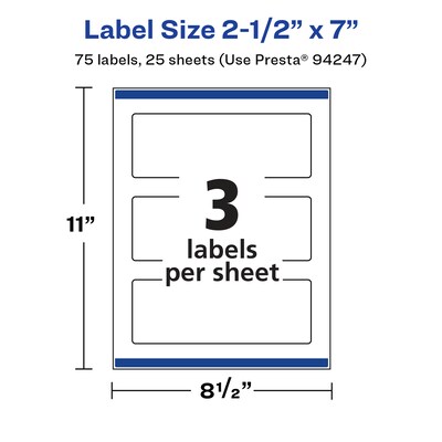 Avery Laser/Inkjet Multipurpose Rectangle Labels, 2.5" x 7", White, 75 Labels/Pack (94247)