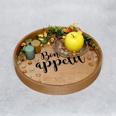 Elegant Designs "Bon Appetit" Decorative 13.75" Round Wood Serving Tray w/ Handles, Natural Wood (HG2013-NBA)