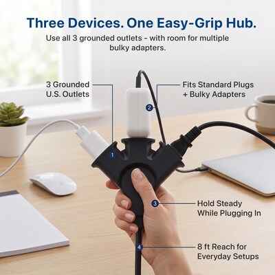 Uncaged Ergonomics Comfort Grip 3-Outlet Extension Cord, 8 ft, Black (CGEC-Black)