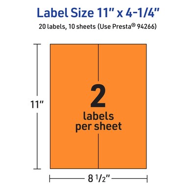 Avery Rectangle Multipurpose Labels, 11" x 4.25", Bright Orange, 20/Pack (94266)