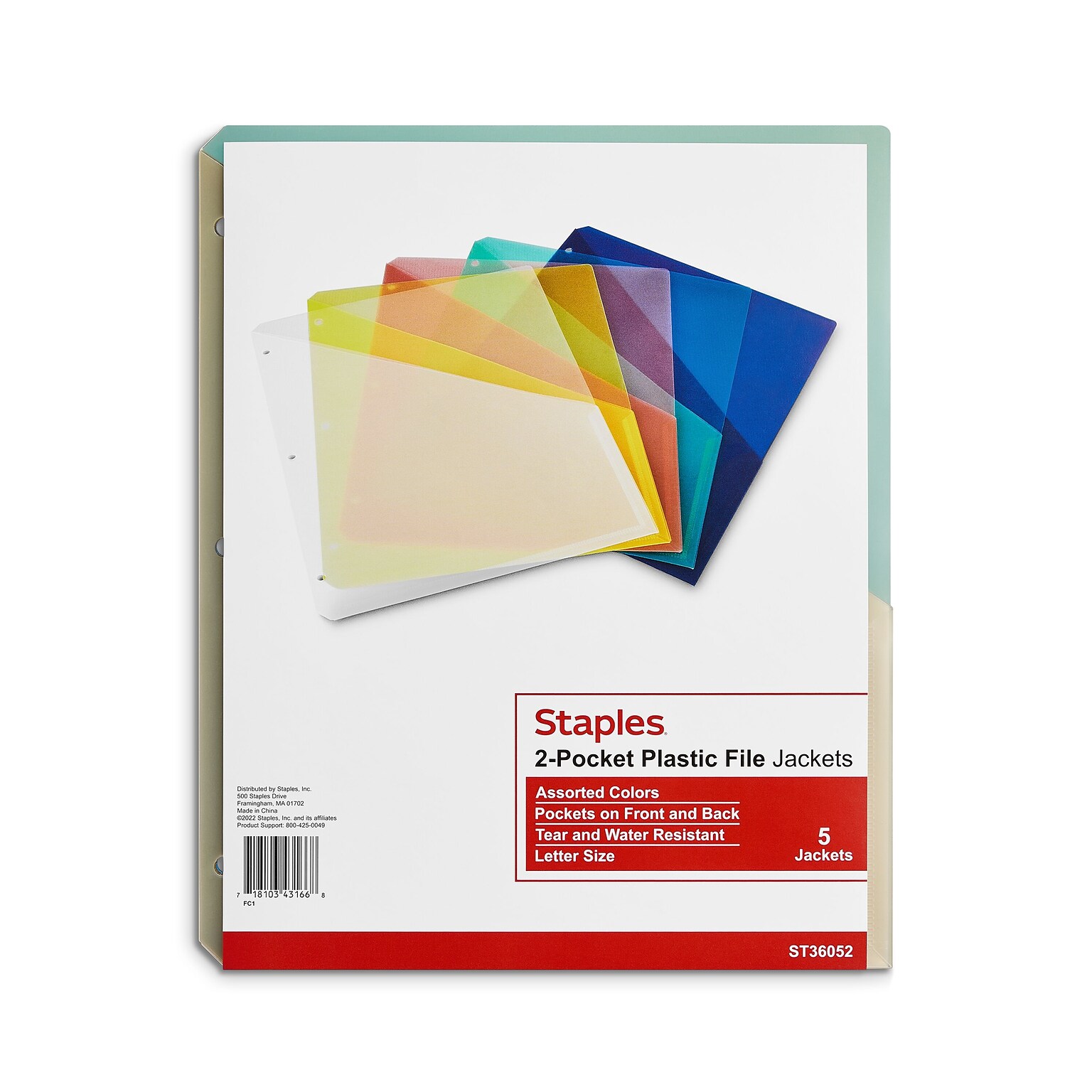 Staples Plastic File Jacket, Letter Size, Assorted, 5/Pack (89505)