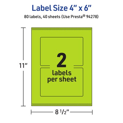 Avery Laser/Inkjet Multipurpose Rectangle Labels, 4" x 6", Bright Green, 80/Pack (94278)