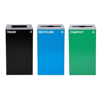 Alpine Steel Recycling, Compost, and Trash Can Set with Square and Mixed Lid, 29 Gallon, Multicolor, 3/Pack (ALP4450-BLK-KIT27)