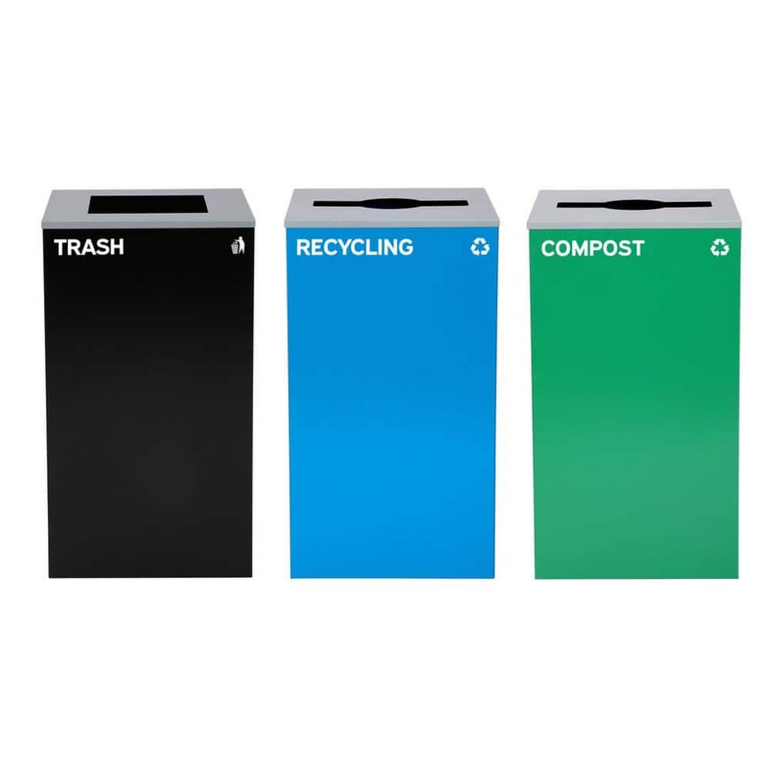 Alpine Steel Recycling, Compost, and Trash Can Set with Square and Mixed Lid, 29 Gallon, Multicolor, 3/Pack (ALP4450-BLK-KIT27)