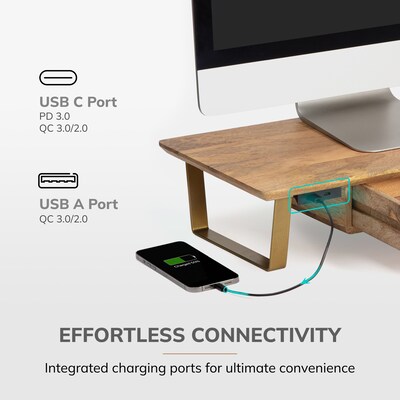 Anji Mountain Mango Wood & Metal Monitor Stand with Two USB Ports and Drawer, Up to 32" Monitor, Natural (MS-MNG-06GLD-PD)
