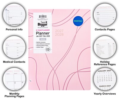 2027-2028 Overland Travelware 0.25" x 8.5" Calendar Year Monthly Standard Planner, Paperboard Cover, Pink (90697)