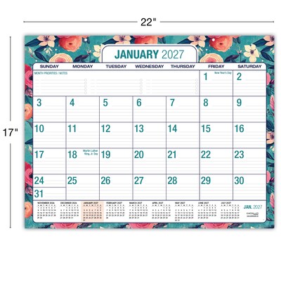 2026-2027 Excello Brands Large Print  22" x 17" Academic Monthly Desk Pad Calendar, Teal Floral (NAY27-2217DP-17)
